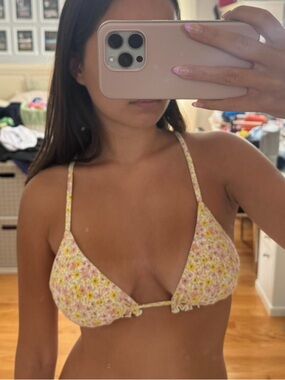 Floral Triangle Bikini Top - Yellow & Pink